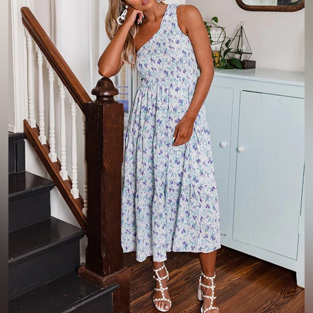 New Smocked Midi off shoulder dress In Blue floral size Large